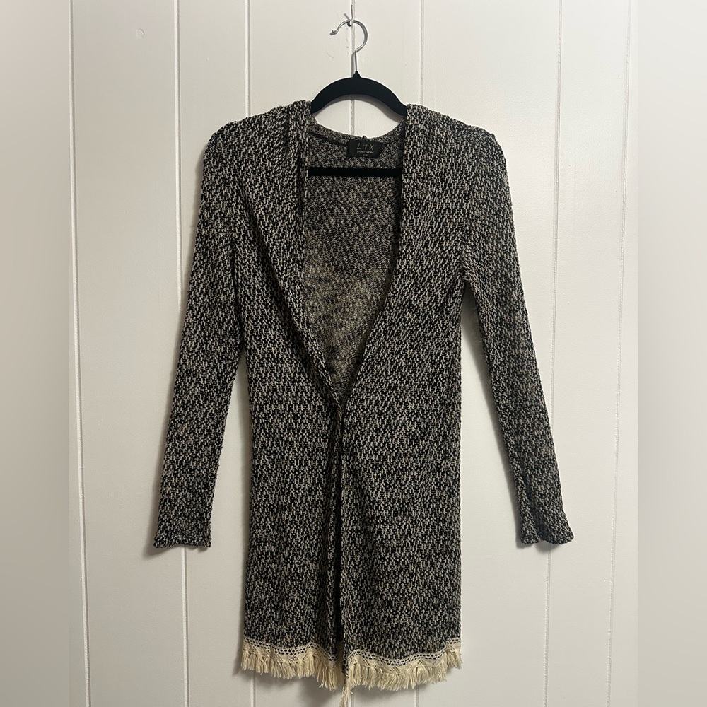 Women's Black and White Open-Front Sweater